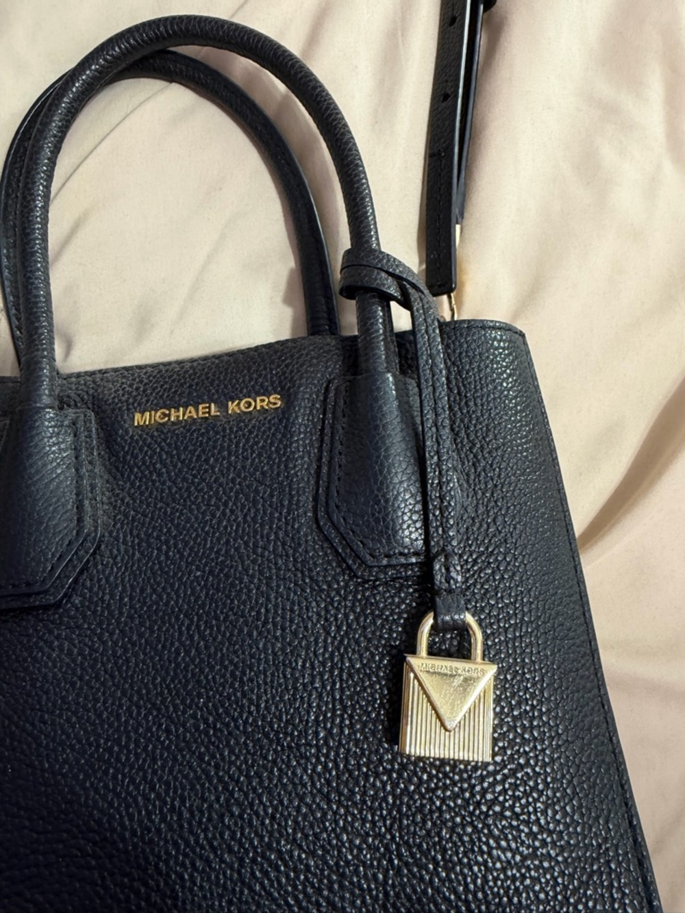 Michael Kors Black Pebbled Leather Satchel with Gold Padlock - Picture 2 of 4